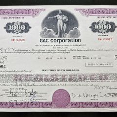 1973 GAC Corporation Pennsylvania 1000 Dollar Stock Certificate