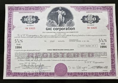 1973 GAC Corporation Pennsylvania 1000 Dollar Stock Certificate