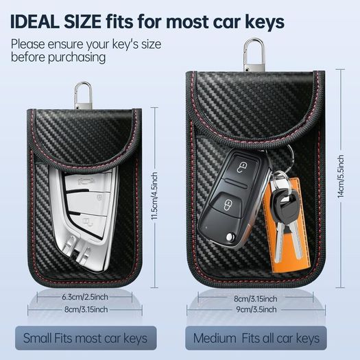 Pouch for Car Keys, Pack of 2 Anti-Theft RFID Key Fob Protection Bag with 4 Pack Key Rings for Car Security, Keyless Entry Car Keys Case, M, Red and Blue