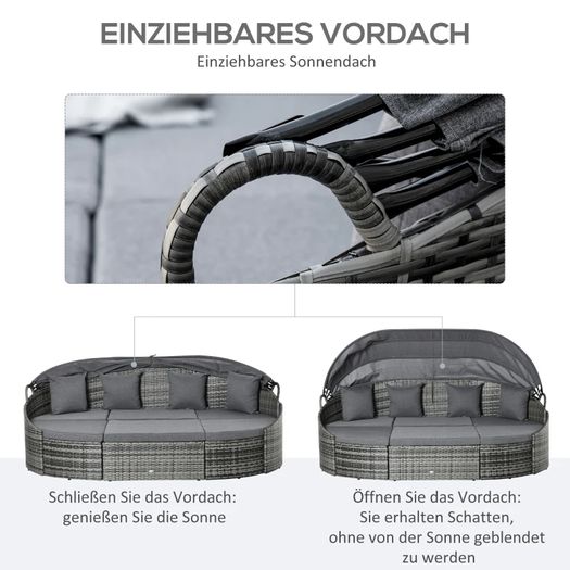 Rattan Sun Island 4-Piece Daybed with Canopy Seating Group 4 Cushions Metal Grey 230 x 145 x 80 cm