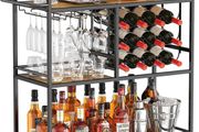 Drink Trolley, Bar Cart with Lockable Wheels, 12 Wine Rack and 3 Rows Glass Holders Gold
