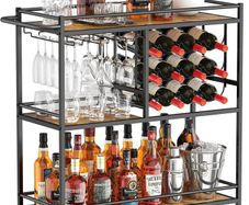 Drink Trolley, Bar Cart with Lockable Wheels, 12 Wine Rack and 3 Rows Glass Holders Gold