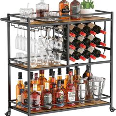 Drink Trolley, Bar Cart with Lockable Wheels, 12 Wine Rack and 3 Rows Glass Holders Gold