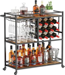 Drink Trolley, Bar Cart with Lockable Wheels, 12 Wine Rack and 3 Rows Glass Holders Gold