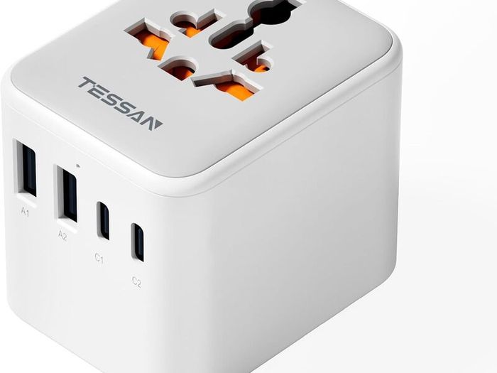 Universal Travel Adapter, Travel Plug Adapter Worldwide with 1 Universal AC Outlet 4 USB Ports (2 USB C), International Plug Adaptor for UK to Europe USA Australia (Type C G A I) Grey White