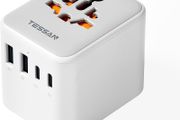 Universal Travel Adapter, Travel Plug Adapter Worldwide with 1 Universal AC Outlet 4 USB Ports (2 USB C), International Plug Adaptor for UK to Europe USA Australia (Type C G A I) Grey White