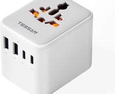 Universal Travel Adapter, Travel Plug Adapter Worldwide with 1 Universal AC Outlet 4 USB Ports (2 USB C), International Plug Adaptor for UK to Europe USA Australia (Type C G A I) Grey White