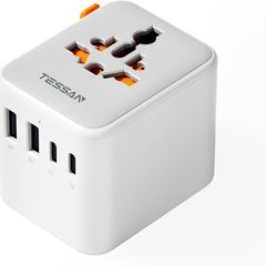 Universal Travel Adapter, Travel Plug Adapter Worldwide with 1 Universal AC Outlet 4 USB Ports (2 USB C), International Plug Adaptor for UK to Europe USA Australia (Type C G A I) Grey White