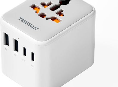 Universal Travel Adapter, Travel Plug Adapter Worldwide with 1 Universal AC Outlet 4 USB Ports (2 USB C), International Plug Adaptor for UK to Europe USA Australia (Type C G A I) Grey White