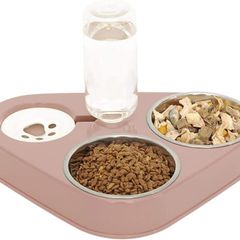3 in 1 Double Cat Bowls,Stainless Steel Cat Food Bowl with Stand,Cat Feeding Bowl,Detachable Pet Food Bowl for Cats and Dogs,Automatic Water Storage Water Bowl (Pink)