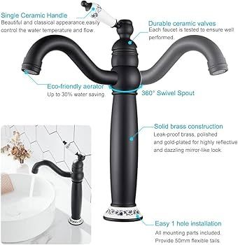 Bathroom Basin Mixer Tap, Mono High Rise Basin Tap for Countertop, Tall Traditional Sink Faucet with Ceramic Lever, 360 Swivel Spout, Classic Taps, Retro Style, Brass (Matte Black