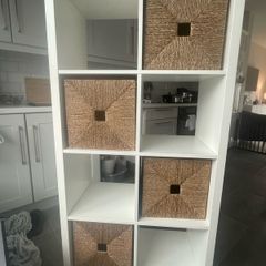 White Ikea Kallax with 4 Wicker Boxes
