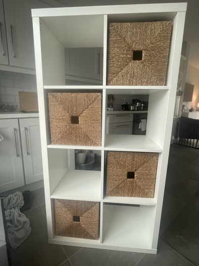 White Ikea Kallax with 4 Wicker Boxes