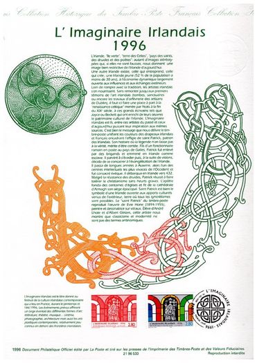 1996 France L'Imaginaire Islandais Joint issue with Ireland Commemorative stamps on A4 size illustrated sheet.