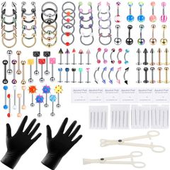120PCS Ear Nose Piercing Kit, Mixed Piercing Kit Stainless Steel for Lip Tongue Eyebrow Tragus Nipple Belly Barbell Helix Septum Rings Horseshoe Body Piercing Jewellery (FREE POSTAGE)