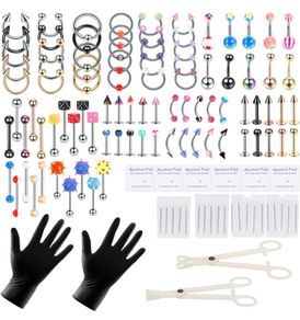 120PCS Ear Nose Piercing Kit, Mixed Piercing Kit Stainless Steel for Lip Tongue Eyebrow Tragus Nipple Belly Barbell Helix Septum Rings Horseshoe Body Piercing Jewellery (FREE POSTAGE)