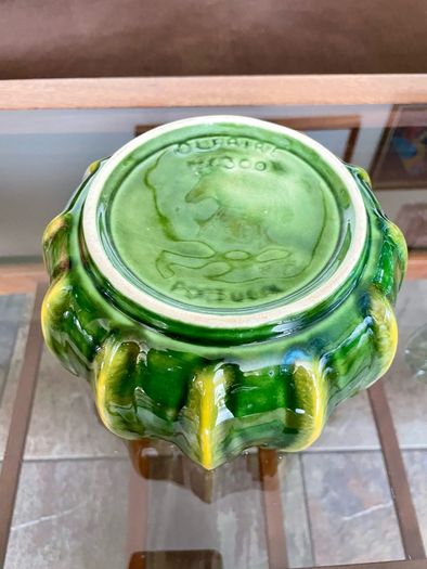 Vintage Whimsical Green Yellow Melon Bowl Flower Pot Holder Olfaire Portugal