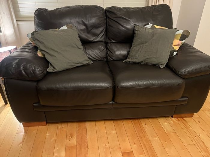 Two seater black leather couch for sale. Basically never used. Same condition as new.