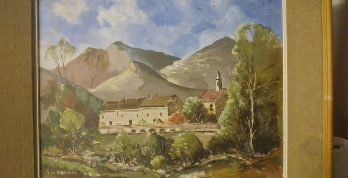 Large antique painting in wood frame