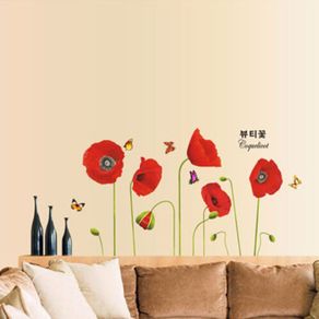 RED POPPY and BLACK BUTTERFLIES  Removable Decals Home Decor Art Flower Vinyl Mural Wall Stickers