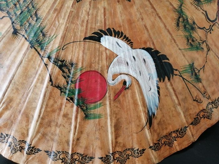 Vintage Oriental Hand Painted Bamboo Umbrella