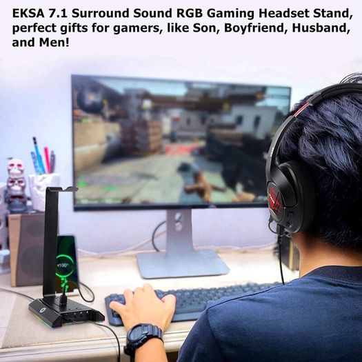 W1 RGB Headphones Stand Gaming Headset Stand with 7.1 Surround Sound, Desktop Headphone Holder with 3.5mm Aux and 2 USB Ports, Aluminum PC Gamer Headset Accessories