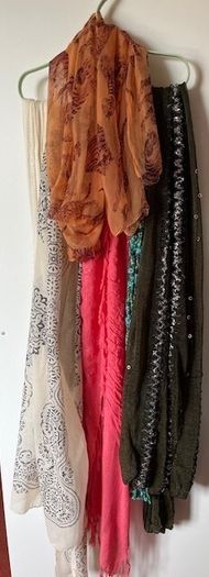 Hanger Organiser multi use - Scarf, Belt, Jewellery- Soft Green Brand New With 6 Scarves / shawls In Mint Condition.  (6)