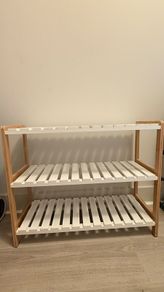 Three-tier bamboo and white slatted shoe rack