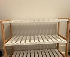 Three-tier bamboo and white slatted shoe rack