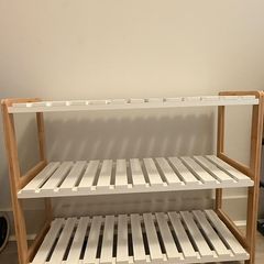 Three-tier bamboo and white slatted shoe rack