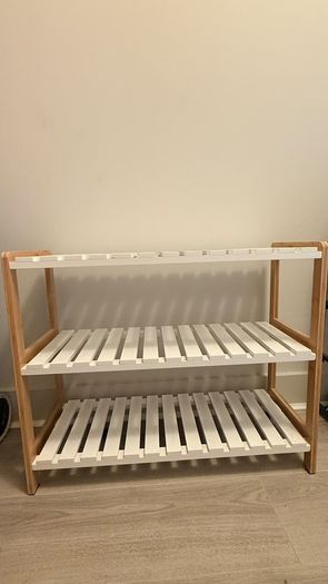 Three-tier bamboo and white slatted shoe rack