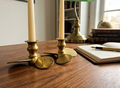 Lovely pair of Vintage solid Brass Nautical Boat propeller Candlestick holders