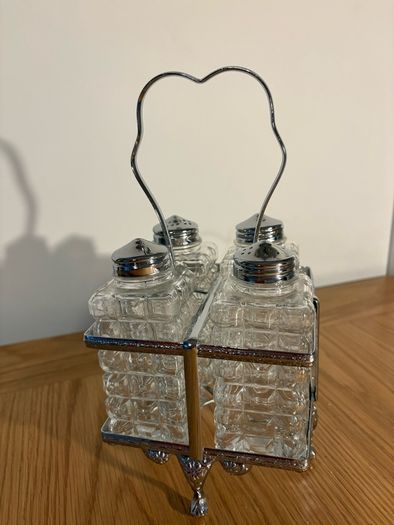 Vintage 4 piece Glass Cut Cruet Set, with Silver Plated Stand