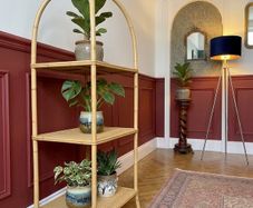 Vintage arched bamboo and rattan three-tier shelving unit