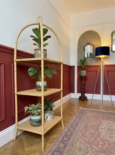 Vintage arched bamboo and rattan three-tier shelving unit