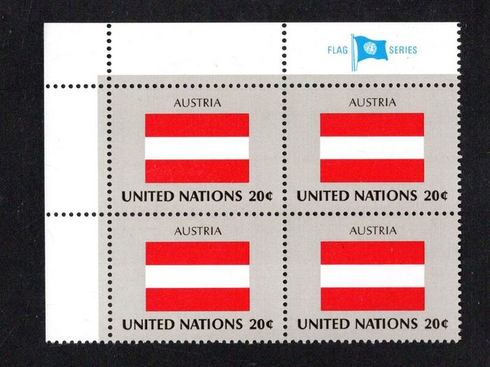 1982 United Nations New York Austria National Flag (part of flag series) Block of 4 Mint Never Hinged (MNH)