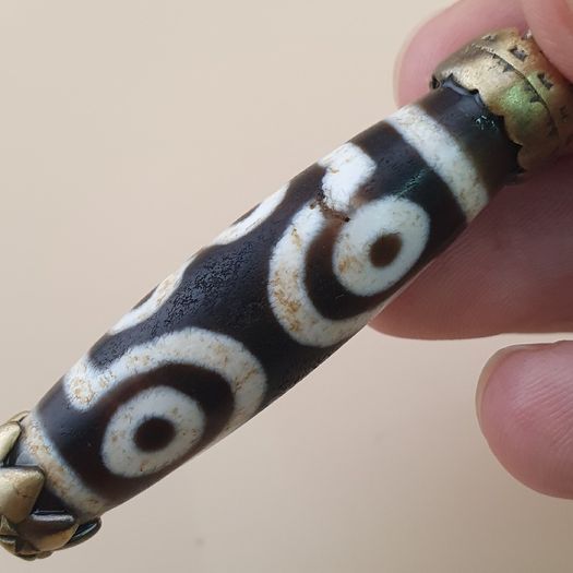 Vintage 6 Eyes Hiamalyan Tibetan Agate Bead Brass Pendant