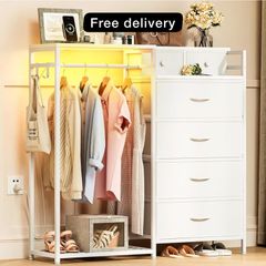 Chest of Drawers Bedroom with Hanging Rail, Built-in LED Lighting and Power Socket