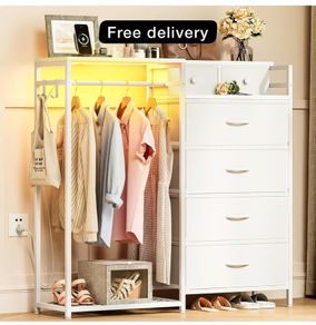 Chest of Drawers Bedroom with Hanging Rail, Built-in LED Lighting and Power Socket