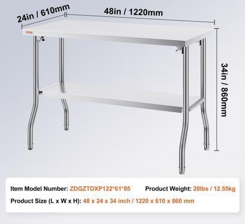 Commercial Worktable Workstation 121.9x61 cm Folding Commercial Prep Table, Heavy-duty Stainless Steel Folding Table with 350.2 kg Load, Kitchen Work Table, Silver Stainless Steel Kitchen Island