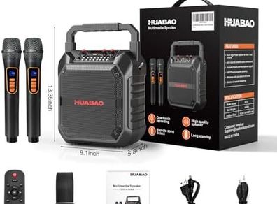 Karaoke Machine with 2 Wireless Microphones, Portable Bluetooth Speaker for Adults & Kids, Bass & Treble Adjustment, PA System Supports TF Card/USB/FM/AUX for Home Party, Indoor and Outdoor