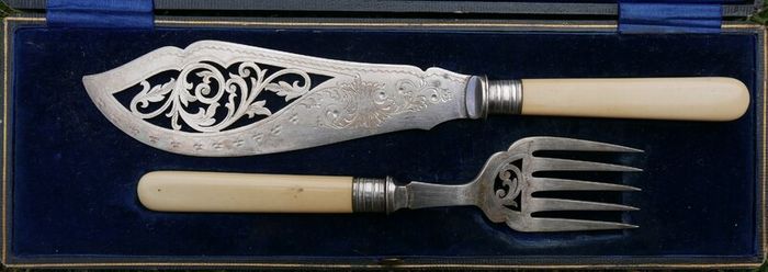 Vintage Boxed set of Faux Bone Handled Fish Servers with Hallmarked Silver Collars - 2 Pieces