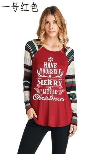 Ladies Women Christmas T Shirt Top Long Sleeve Merry Little Reindeer Holly Jolly