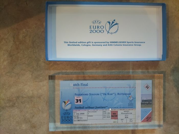 EURO 2000 (FINAL VIP Ticket set into glass: Italy - France, 2.7. 2000 in Original Box)