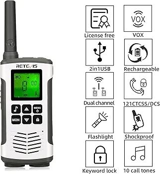 RT45 Walkie Talkie, Rechargeable Walkie Talkie for Adults Long Range, PMR446 16 Channels, With AA Battery LED Torch Walkie Talkies for Family Hiking, Outdoor(Silver, 2Pcs)