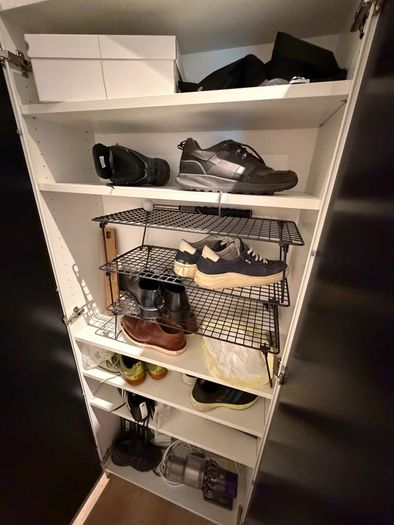 2 IKEA BILLY Shoe Storage Units with 4 HOGBO Glass Doors & 11 GREJIG Shoe Racks