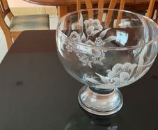 Vintage footed etched glass bowl with floral design