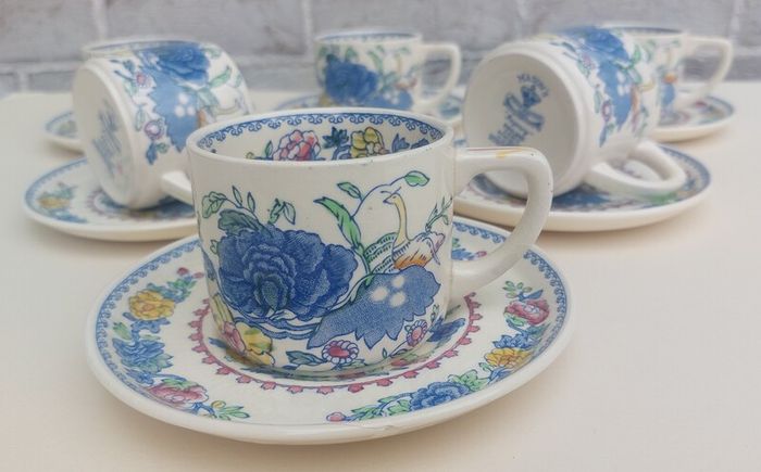 Beautiful and Rare Masons Patent Ironstone Set of Six Straight Sided Coffee/Tea Cup and Saucer Duos in the Regency Pattern, Circa 1950