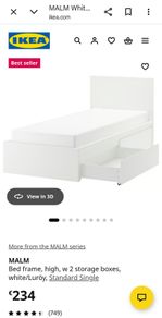Single Bed w 2 storage boxes, white