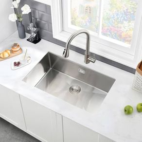 Stainless Steel Kitchen Sink, 70X40CM, BoomHoze Undermount Single Bowl Outdoor Campervan Sink with Silencer Pad, Drainer Fittings, Drop in Flushmount or Topmount Installation, Brushed